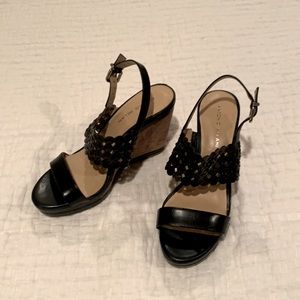 NWOB Antonio Melani cork & black leather wedges, size 10